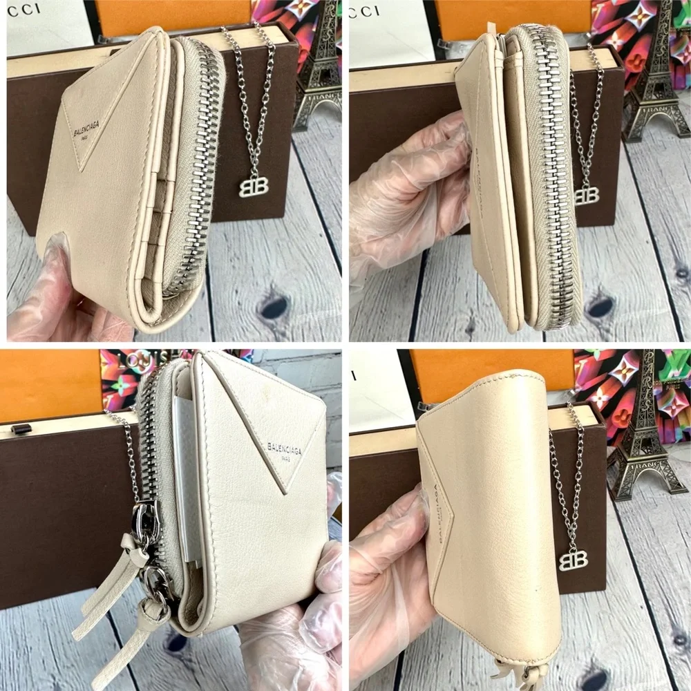 Balenciaga Beige Leather bifold compact zippy wallet with necklace GREAT! - Picture 15 of 16